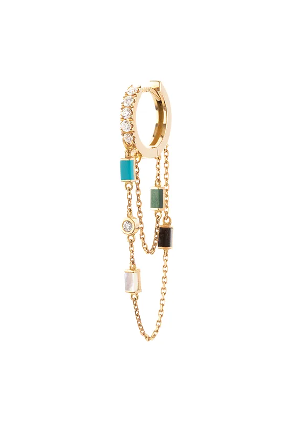 Boucle d’oreille en or avec chaînettes et pierres de couleur